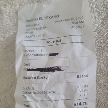El Texano Carnitas - September 20 receipt - Mexican Near Me - Woodland, California El Texano Carnitas - September 20 receipt - Mexican Near Me - Woodland, California