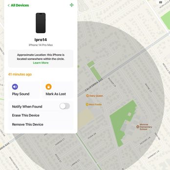 Xclusif Cell & Computer - I was watching my phone go on do not share my location while I was on find my location. - The screenshot shows the Find My app on an iPhone, indicating the approximate location of an iPhone 14 Pro Max within a circle on a map. The app interface includes options to play sound, mark as lost, notify when found, erase, or remove the device. The map displays streets and landmarks in a neighborhood, with the device's last known location updated 41 minutes ago. - Mobile Phone Repair Near Me - Riverside, California