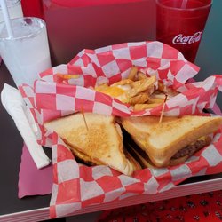 Martucci's Flashback Diner - Grilled cheese burger and disco fries with a vanilla milkshake