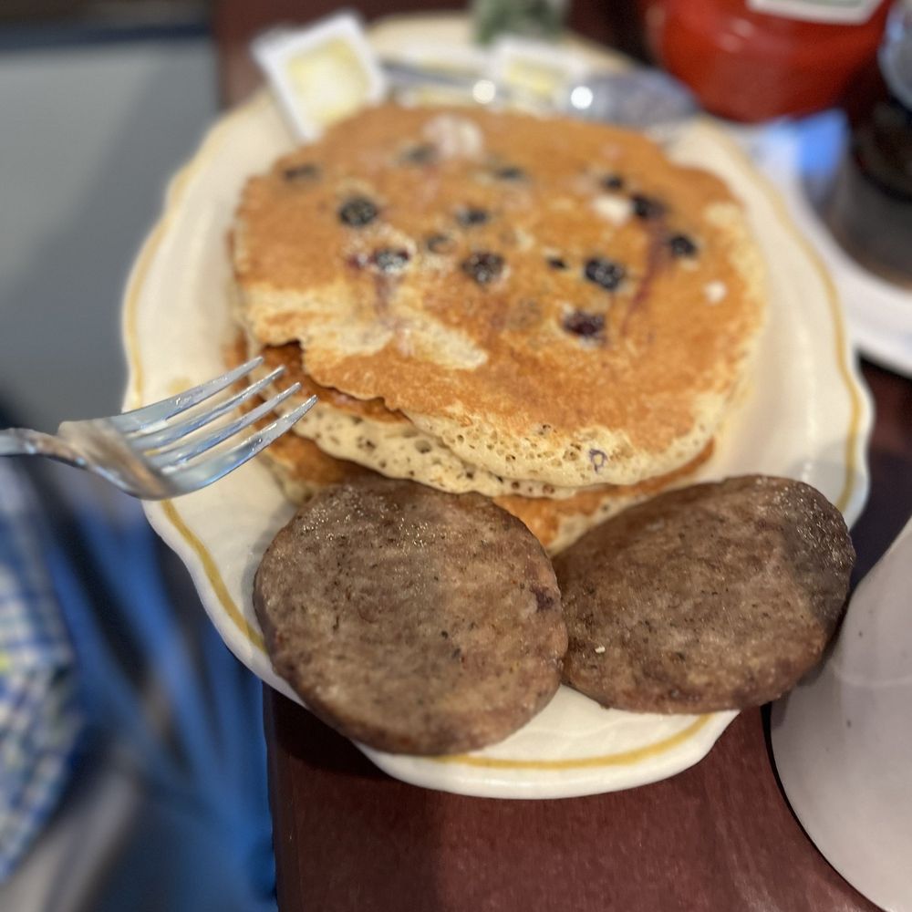 McLean Family Restaurant - Fluffy blueberry pancakes w side of sausage. Classic. - Greek Near Me - McLean, Virginia