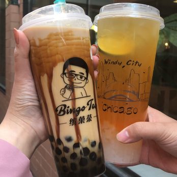 Bingo Tea - Brown Sugar Boba Milk Tea (left) Peach and Lychee Jelly Tea (right) - Bubble Tea Near Me - Homer Glen, Illinois