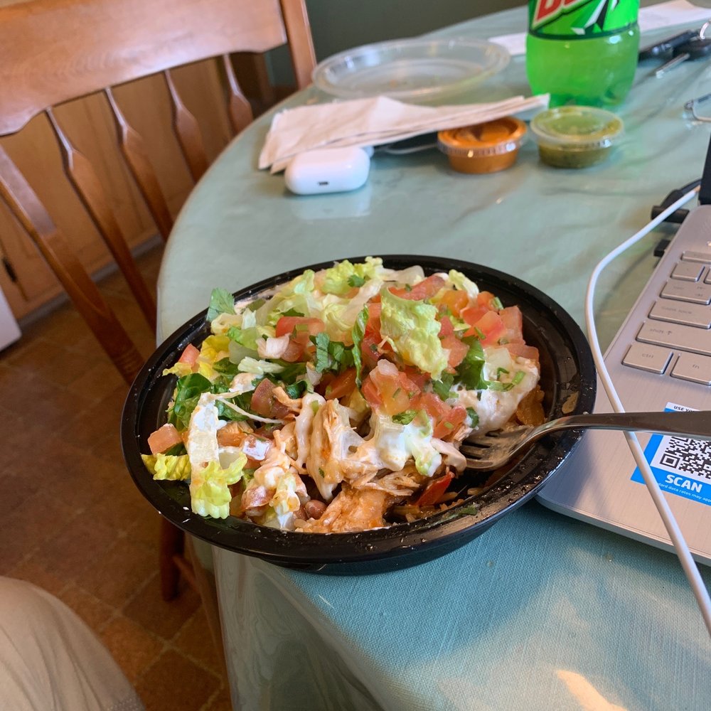 Spicy chicken bowl. A bit too much sour cream. It does taste good.
