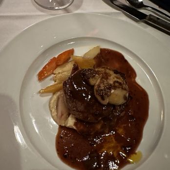 The Crossing - Beef tenderloin Rossini with celery root purée, carrots & parsnips- for Valentine's Day - New American Near Me - Clayton, Missouri