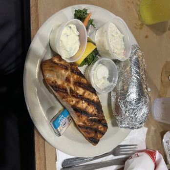 Riggins Crabhouse - Baked potato with the sides and a piece of grilled salmon - Seafood Markets Near Me - Lantana, Florida