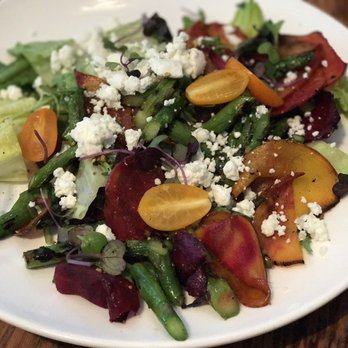 Thyme - Asparagus with roasted beets, avocado, honey herbed goat cheese and pistachio vinaigrette. Note the avocado is missing! - Gastropubs Near Me - Palo Alto, California Thyme - Asparagus with roasted beets, avocado, honey herbed goat cheese and pistachio vinaigrette. Note the avocado is missing! - Gastropubs Near Me - Palo Alto, California