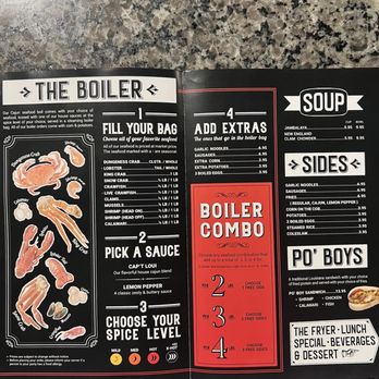 Cap't Loui - The menu from The Boiler restaurant displays various seafood dishes, including crab, lobster, shrimp, and crawfish, with options to choose sauces and spice levels. It also offers side dishes such as garlic noodles, sausage, fries, and more, along with combo meal options with different weight choices. The menu is printed on black paper with white and red accents, and includes prices for each item. The layout is organized into sections for seafood, sides, and combo meals. - Cajun/Creole Near Me - Springfield, New Jersey
