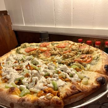 Pi Vegan Pizzeria - Half Buffalo Chik'n, half Pesto Pi (Large) - so good!! - Pizza Near Me - Seattle, Washington Pi Vegan Pizzeria - Half Buffalo Chik'n, half Pesto Pi (Large) - so good!! - Pizza Near Me - Seattle, Washington