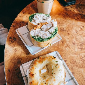 Wicked Brew Cafe - Chicken wrap and cheese/chive bagel with veggie cream cheese - Coffee & Tea Near Me - Bangor, Maine