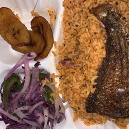 Fried Fish Dinner w/ Jollof Rice, Salad and Plantain