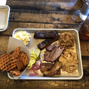 Old City Barbeque - Smoked Meat Sampler w/ Sweet Potato Waffle Friesland Mac and Poblano Mac & Cheese! - Barbeque Near Me - Williamsburg, Virginia Old City Barbeque - Smoked Meat Sampler w/ Sweet Potato Waffle Friesland Mac and Poblano Mac & Cheese! - Barbeque Near Me - Williamsburg, Virginia