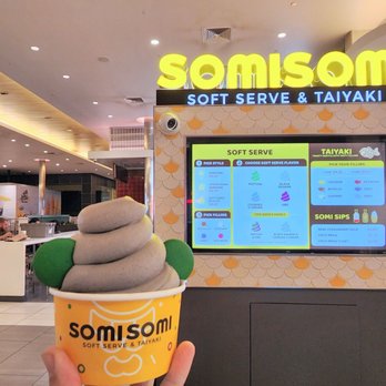 Somisomi - Black sesame soft serve in a cup with macarons - Desserts Near Me - Torrance, California Somisomi - Black sesame soft serve in a cup with macarons - Desserts Near Me - Torrance, California