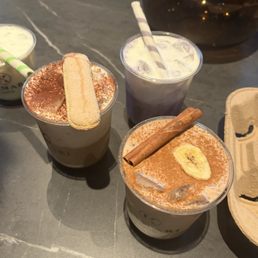 Pandan latte, tiramisu latte, banana bread latte, ube latte
