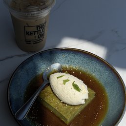 Matcha bread pudding & hazelnut latte