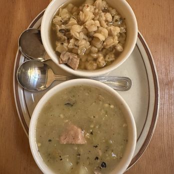 The Shed - Traditional pozole (top) and green chile stew (bottom) cups - New Mexican Cuisine Near Me - Santa Fe, New Mexico The Shed - Traditional pozole (top) and green chile stew (bottom) cups - New Mexican Cuisine Near Me - Santa Fe, New Mexico