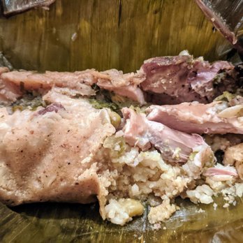 Colombian's Taste - Tamal deconstructed. Soft corn cake with chunks of chicken, pork & beef, potatoes, rice, peas & egg. Meh.. - Colombian Near Me - Itasca, Illinois