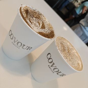 Covour Coffee - Hojicha Einspanner (left $7), Earl Grey Latte ($7) - Coffee & Tea Near Me - Palo Alto, California