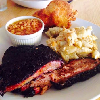 Salt + Smoke - Bestie combo (ribs and brisket) with two sides (baked beans and mac and cheese) and this yummy bacon cheese bread thing :] - Bars Near Me - Saint Louis, Missouri