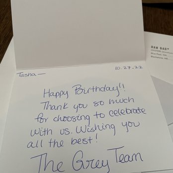 The Grey - Hand written note for my birthday! - New American Near Me - Savannah, Georgia The Grey - Hand written note for my birthday! - New American Near Me - Savannah, Georgia