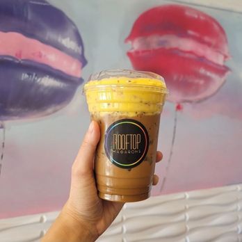 Rooftop Macarons - Durian Egg Coffee with oat milk - Macarons Near Me - Sacramento, California Rooftop Macarons - Durian Egg Coffee with oat milk - Macarons Near Me - Sacramento, California