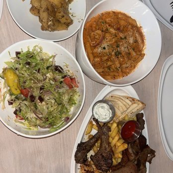 MATI - Greek salad, Palamino pasta, meat platter, Greek potatoes - Mediterranean Near Me - Detroit, Michigan MATI - Greek salad, Palamino pasta, meat platter, Greek potatoes - Mediterranean Near Me - Detroit, Michigan