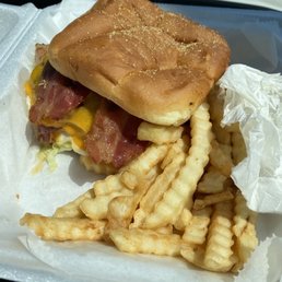 The Timber burger with fries The Timber burger with fries