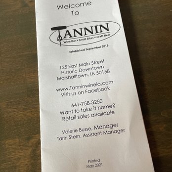 Tannin - the receipt for the restaurant - Wine Bars Near Me - Marshalltown, Iowa
