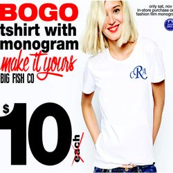 Big Fish - 4 Hour Special. 2 monogrammed tshirts for only $10 (includes tshirts). Great Christmas gift. Come and get yours on Shop Small Business Satur