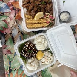 Katsu chicken and tempura shrimp, seared Cajun ahi Katsu chicken and tempura shrimp, seared Cajun ahi