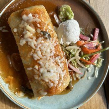 Taco Rosa - ROSA BURRITO rice, beans, spinach, zucchini, roasted corn, sweet peppers and guacamole in a flour tortilla, sauce and cheese - Mexican Near Me - Irvine, California