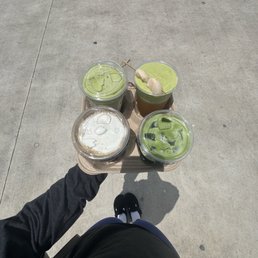 Duo matcha, lychee bloom matcha, hojicha latte, coco cloud
