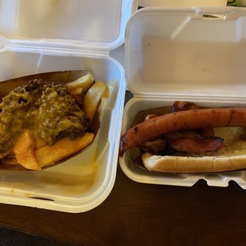 Orchards Bbq and Grill - "Large" Tri-Tip Chili Cheese Steak fries on the left and the Bacon "wrapped" hot dog on the right. - Barbeque Near Me - Whittier, California Orchards Bbq and Grill - "Large" Tri-Tip Chili Cheese Steak fries on the left and the Bacon "wrapped" hot dog on the right. - Barbeque Near Me - Whittier, California