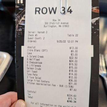 Row 34 - Our bill, fantastic lunch! - Seafood Near Me - Burlington, Massachusetts Row 34 - Our bill, fantastic lunch! - Seafood Near Me - Burlington, Massachusetts