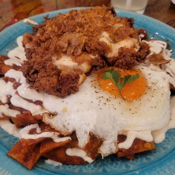 MeeMa’s - Chilaquiles with fride chicken.. I asked for the fried chicken since it's not on the menu. Be aware.. it's a heavy plate, well satisfying - Breakfast & Brunch Near Me - Long Beach, California MeeMa’s - Chilaquiles with fride chicken.. I asked for the fried chicken since it's not on the menu. Be aware.. it's a heavy plate, well satisfying - Breakfast & Brunch Near Me - Long Beach, California