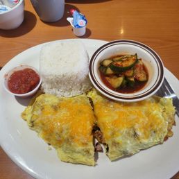 Spanish Omelet, cucumber kimchee, salsa & white rice with soy sauce