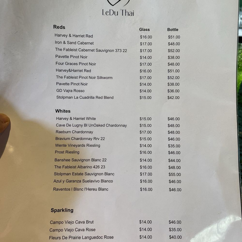 LeDu Thai - Wine Menu - Thai Near Me - Phoenix, Arizona