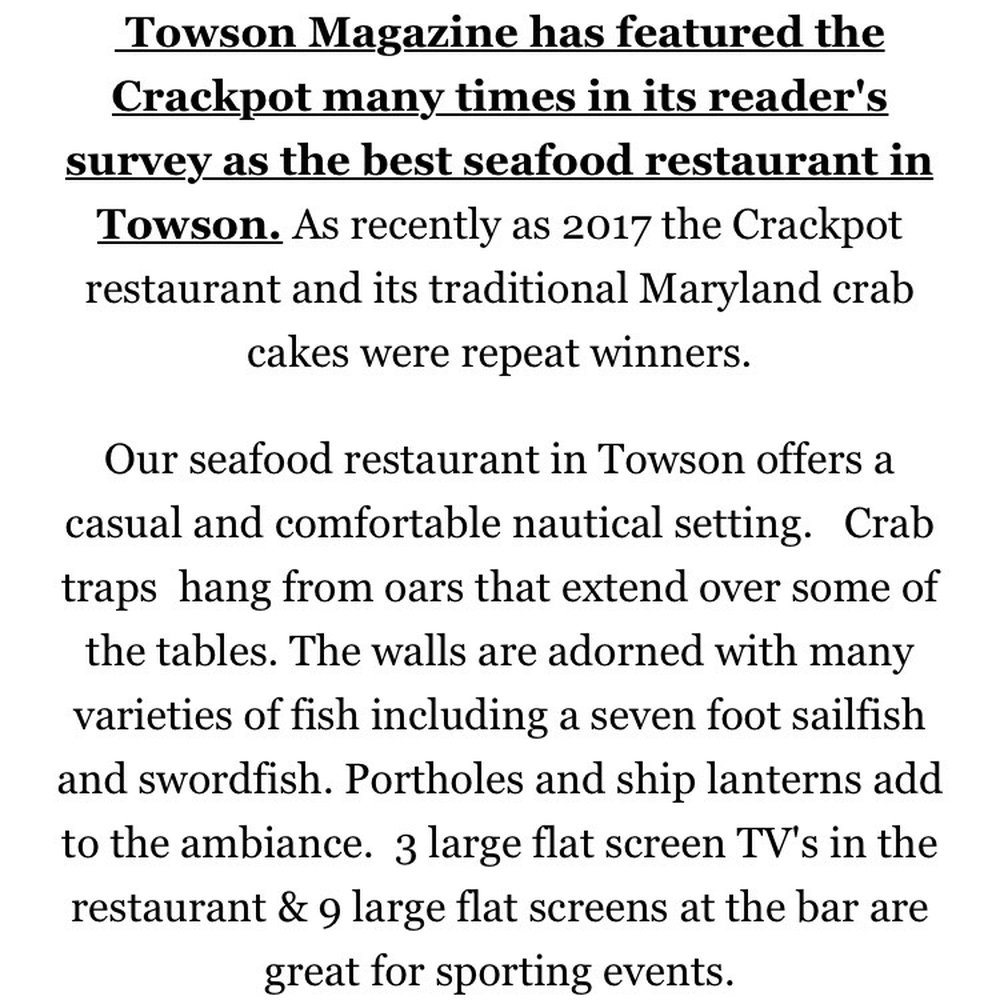 Crackpot Seafood Restaurant - Award Winning - Seafood Near Me - Baltimore, Maryland