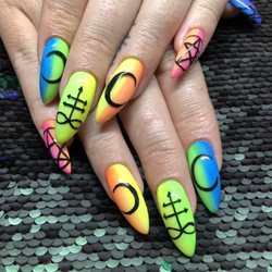 Kustom Kreations Salon - Stiletto long hard Gel Nails with hand painted artwork with neon ombré and glow in the dark