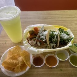 Taquería Mi Palmar - Cucumber and lime Agua Fresca Chips and salsas 3 giant Tacos with homemade corn tortillas