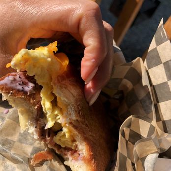 Breakfast Candy - See how it was served on the sliced butt of the bread loaf? - Food Trucks Near Me - Talkeetna, Alaska