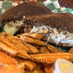Sportsman's Restaurant & Bar - Chicken and a Pickle sandwich with sweet potato fries