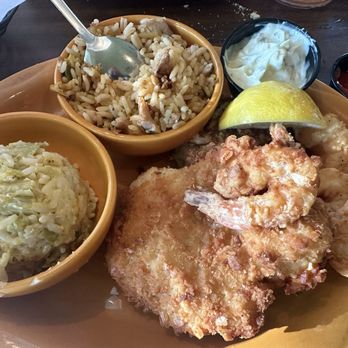 Barbara Jean's Restaurants - Coastal platter with crab cake, fried shrimp, fish fillet, dirty rice, and Broccoli cheese rice casserole - Southern Near Me - St. Simons, Georgia Barbara Jean's Restaurants - Coastal platter with crab cake, fried shrimp, fish fillet, dirty rice, and Broccoli cheese rice casserole - Southern Near Me - St. Simons, Georgia