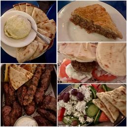Hummus & Pita, Horiatiki Greek Salad, Psita Tis Oras Poikilia, Greek Sliders & Baklava. Hummus & Pita, Horiatiki Greek Salad, Psita Tis Oras Poikilia, Greek Sliders & Baklava.