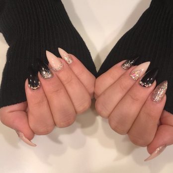 The Nail Experts - Black, cream & gold gel with stones and pearls - Nail Salons Near Me - Las Vegas, Nevada