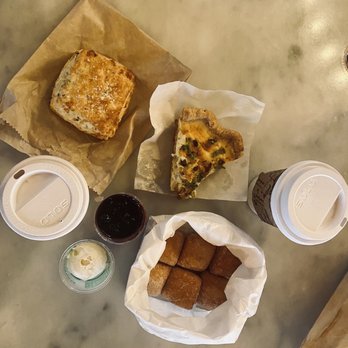 Dahlia Bakery - Garlic chive biscuit, bacon and potato quiche, and dahlia donuts with dipping sauces. Also two lavender lattes. - Bakeries Near Me - Seattle, Washington Dahlia Bakery - Garlic chive biscuit, bacon and potato quiche, and dahlia donuts with dipping sauces. Also two lavender lattes. - Bakeries Near Me - Seattle, Washington
