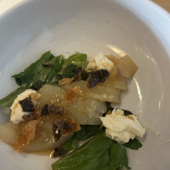 Mink - Bosc Pear with radicchio and crispy salmon skin - Seafood Near Me - Detroit, Michigan Mink - Bosc Pear with radicchio and crispy salmon skin - Seafood Near Me - Detroit, Michigan