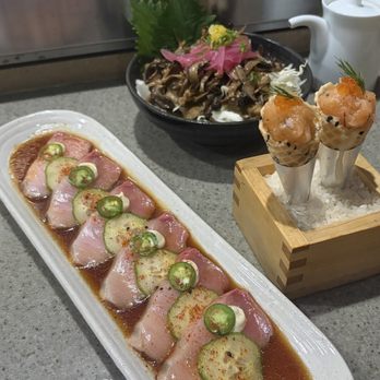 Shimogamo - Chandler - Hamachi Chili Lime Crudo, Salmon Cornet, Yuzu Mushroom - Sushi Bars Near Me - Chandler, Arizona