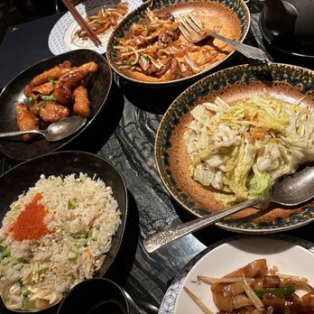 Mott 32 - General Tso's Chicken (top left), Alaskan Crabmeat Fried Rice (bottom left), Wok Fried Baby Cabbage (bottom right) - Chinese Near Me - Las Vegas, Nevada