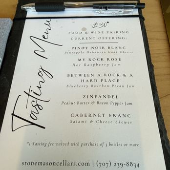 Stonemason Cellars - Tasting menu - Wine Tasting Room Near Me - Santa Rosa, California