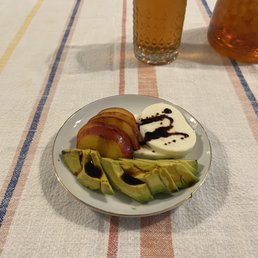 Delicious fresh Palisade peaches, avocado and fresh mozzarella with a glorious drizzle of aged balsamic reduction, yummy.