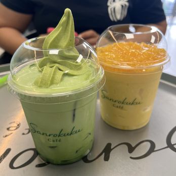 Sanrokuku Cafe - (Left) Matcha Latte Float w/ Matcha Ice Cream & (Right) Mango Sticky Cloud - Ice Cream & Frozen Yogurt Near Me - Brandon, Florida Sanrokuku Cafe - (Left) Matcha Latte Float w/ Matcha Ice Cream & (Right) Mango Sticky Cloud - Ice Cream & Frozen Yogurt Near Me - Brandon, Florida